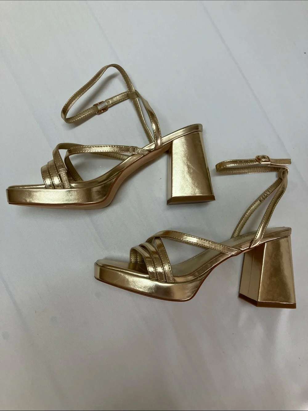 Metallic Gold Platform Block Heel Sandal with Ankle Strap - Women